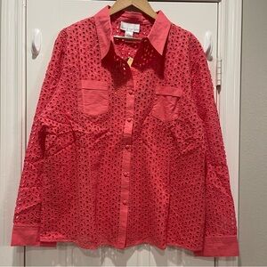 Susan Graver Button Up Shirt Women’s XL Coral Eyelet Cotton Long Sleeves Spring